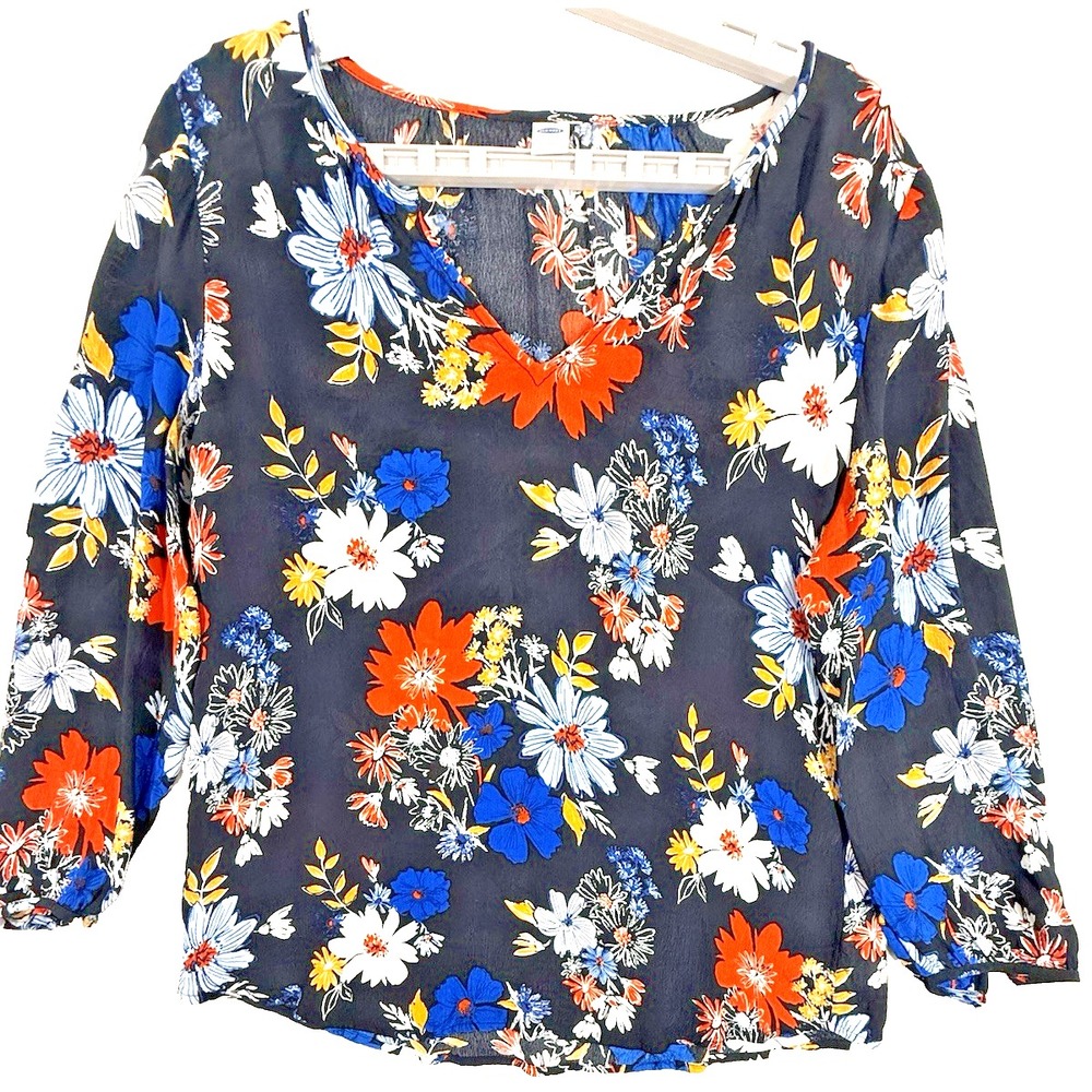 Old Navy Floral Blouse Size L Blue Balloon Long Sleeve Cottagecore Boho Resort